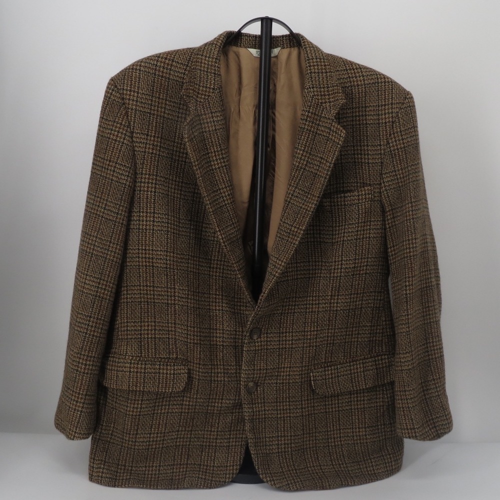 Eddie Bauer Blazer Sport Coat Tweed Brown Houndstooth Gun Check 46R Vintage Mens